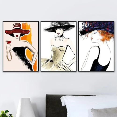 Toile de peinture nordique pour grand mur vide affiche dame élégante triptyque 60x80cm
