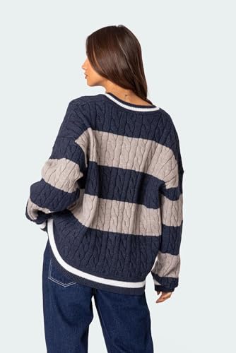 Women Y2K Striped Sweater Vintage Aesthetic Preppy Sweater V Neck Long Sleeve Oversized Cable Knit Jumper Tops Streetwear4