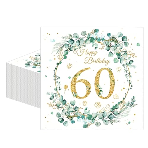 Serviettes Anniversaire 60 Ans Lot de 40, Serviettes Papier Eucalyptus Vert Sauge 33 x 33 cm, Decoration Anniversaire 60 Ans Homme Femme, Happy Birthday Doré, Deco Table Fête Élégante