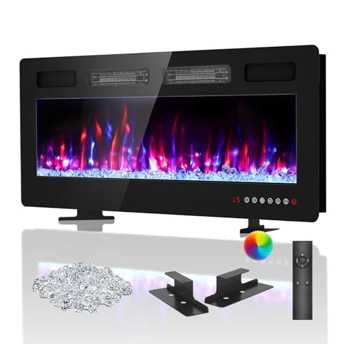BREEZEHEAT 42 Inch Ultra Thin Electric Fireplace-Freestanding or Recessed Wall Mounted Fireplace, Remote Control, Touch Screen, 750W/1500W, 8H Timer for Living Room, Bedroom, Office