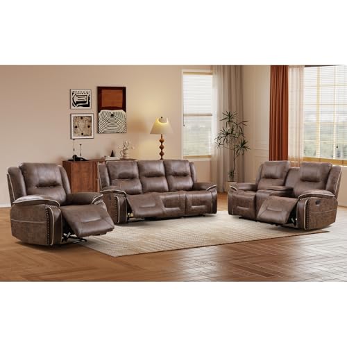 EBELLO Faux Leather Manual Recliner Sofa Set, 1 Seat Reclining Chair, a Loveseat, a 3 Seater Sofa Furniture Set with Hidden Storage Cup Holders, Vintage Rivet Mid-Century Design for Living Room, Brown
