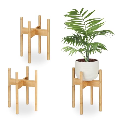 Relaxdays Pack 3 Macetas, Portamacetas de Interior, Bambú, Soportes para Tiestos de hasta 25 cm, Natural, L