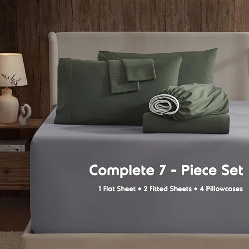 Image of Nestl Extra Deep Split King Sheet Set - 7 Piece Breathable & Cooling Sheets - Hotel Luxury Bedding Set w /18-24 Inch Deep Pockets - Easy & Secure Fit - Super Soft, Wrinkle Free & Comfy - Olive Green