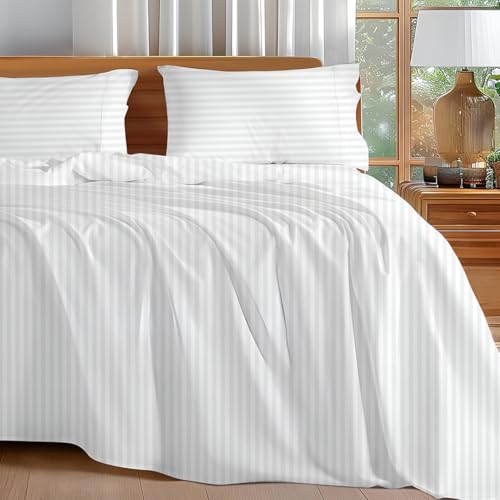 Image of Bedsheets for Single - 60X90 Inch Bed - Microfiber Plain Stripe White Bed Sheet Include Pillow Cover, Ultra Soft | for Home, Hotel, Villa, Resort and Guest House