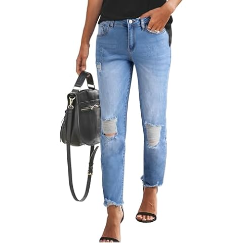 Sidefeel Women's Boyfriend Jeans Loose Stretchy Ripped Distressed Denim Pants Size 8 Sky Blue Cover
