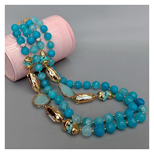 Necklace 2 Rows Blue Faceted Agate Turquoise Cultured White Biwa Pearl Crystal Necklace Fashion Women Jewelry #TOP3