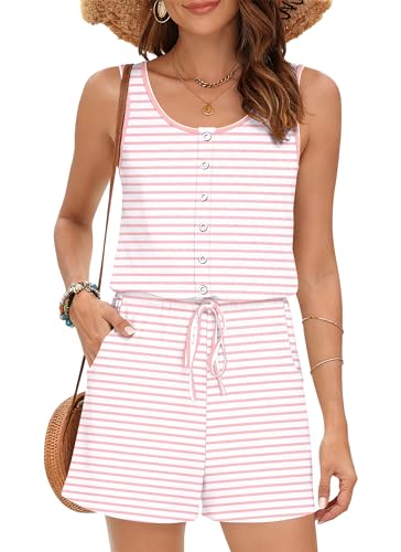 MISFAY Women Sleeveless Romper Button Scoop Neck Jumpsuit Pocket BPS