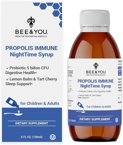 BEE&YOU Propolis Immun Night Time Sirup mit Probiotikum, Vitamin C, Immununterstützung, Verdauungsgesundheit, gesunder Schlaf, Antioxidantien, Darmgesundheit, 5 Fl Oz