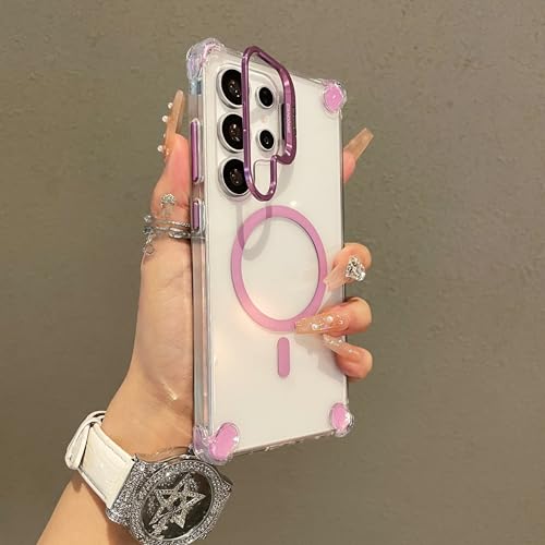 Coque Samsung S25 Plus rose antichoc avec protection d'objectif et support magnétique