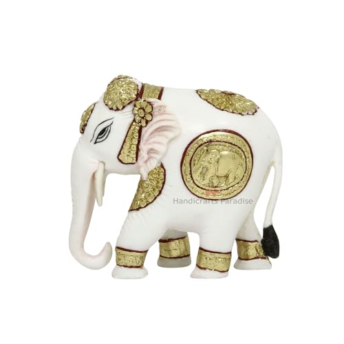 Image of Handicrafts Paradise Culture Marble Elephant Hand Painted with Intricate Carving Showpiece for Home Decor - 3 inch