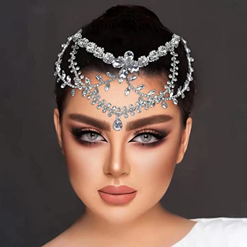 LOVFOIVER Bridal Headpieces for Wedding, Rhinestone Wedding Headband Forehead Hair Accessories for Brides