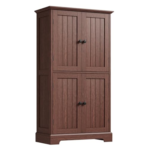 Image of ChooChoo Bathroom Floor Cabinet, Farmhouse Bathroom Storage Cabinet with 4 Doors and Adjustable Shelves, Pantry Cabinet for Living Room, Kitchen, Walnut