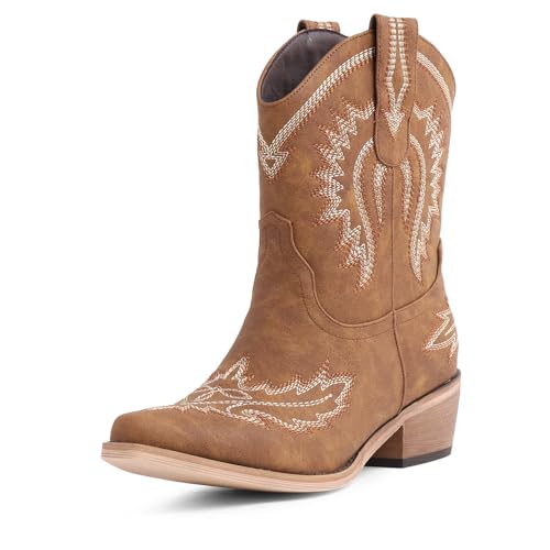LingxiaUne Women’s Western Cowboy Boots – Embroidered Mid Heel Ankle Boots for Stylish & Versatile Wear