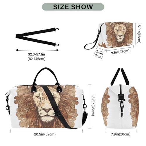 Large Travel Duffel Bag, Retro Lion Face Ethnic Sports Tote Gym Bag, Shoulder Weekender Overnight Bag for Women Men, Carry On Luggage with Toiletry Bags3