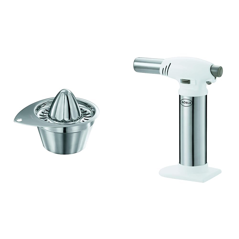 RÖSLE Spremiagrumi con ampio contenitore di raccolta, Acciaio inossidabile 18/10 + Rösle Fiammeggiatore da Cucina, a Gas, Regolazione della Fiamma fino a 1300 °C, Abs, Acciaio Inox 18/10