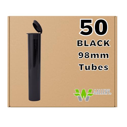W Gallery 50 Black 98mm Open Cap Pop Top Tubes - Airtight Smell Proof Containers - Plastic Medical Grade Prescription Bottles for Pills Herbs Flowers Supplements, Bulk Pack, Not Glass Jars