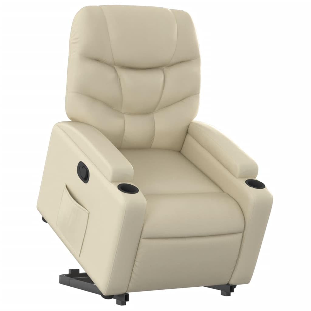 Sillón elevador eléctrico reclinable de piel sintética color crema con función de elevación y reclinación manual hasta 135 grados, cómodo con portavasos y bolsillo lateral