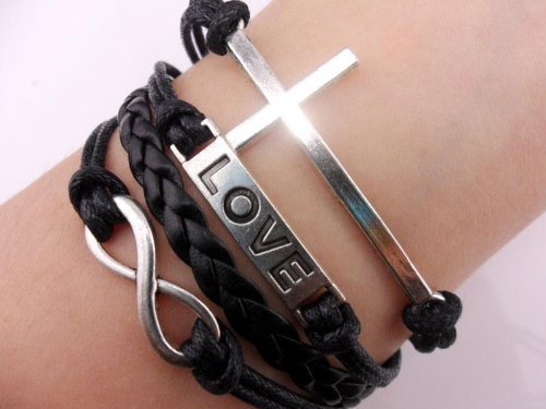 CyberStyle(TM) Vintage Silver Cross Bracelet Infinity Love Black Leather Rope Infinite Bangle