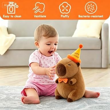 Capybara Peluche, 25cm Bambola di Peluche Giocattolo Peluche Capibara con Cappello da Compleanno Simpatico Pupazzo Cuscino Farciti Bambola Regali di Compleanno di Natale per Bambini