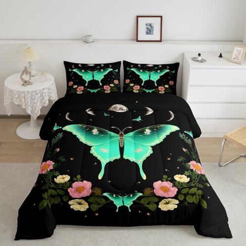 Homewish Moth Comforter Set Full,Moon Planet Starry Sky Galaxy Bedding Set 3pcs for Kids Teens Boys Girls Room Decor, Gothic Butterfly Quilt Set Floral Duvet Insert with 2 Pillowcases