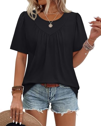 WIHOLL Plus Size Spring Clothes for Women Summer Tops Short Sleeve Fashion Boho Chic Clothing Casual Beach Vacation Date Outfits Round Neck Pleated Tshirts Shirts Black XL