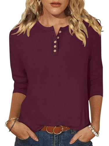 ANRABESS Womens 3/4 Sleeve Tops Henley Shirts Casual Trendy Button T Shirts 2025 Summer Basic Tunic