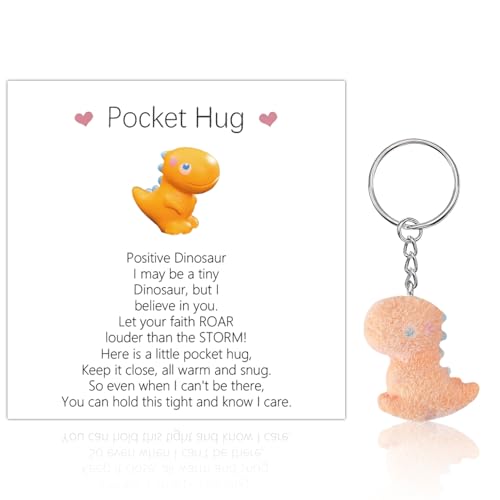Komergave Pocket Hug Dino Schlüsselanhänger mit Karte Schlüsselring, Schutzengel Schulanfang, Schlüsselanhänger Einschulung Glücksbringer Einschulung Schule Für Jungen Mädchen Schultüte