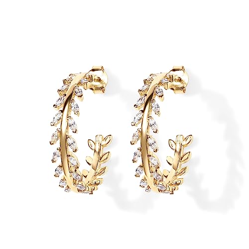 PAVOI 14K Gold Plated 925 Sterling Silver Post Cubic Zirconia Leaf Hoop Earrings | Gold Hoop Earrings for Women3