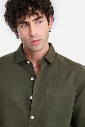 Image of SNITCH Men Casual Shirt | Regular Fit Full Sleeve Spread Collar Solid Pattern | Breathable Cotton Linen Blend & Lightweight Fabric for Summer, Vacation & Smart Casual Wear