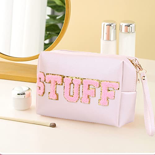 Oaesc Cosmetic Bag Chenille Letter Patches Waterproof Travel Pouch Pu Makeup With Wrist Strap Bags (Beige-Stuff) #TOP6