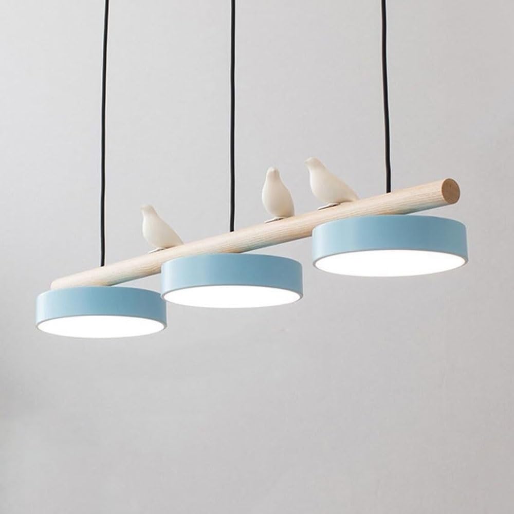 Lampada a sospensione lineare moderna a 3 luci a LED Lampada a sospensione in legno dimmerabile a striscia lunga con decorazioni for uccelli Illuminazione a soffitto gialla(Blue)