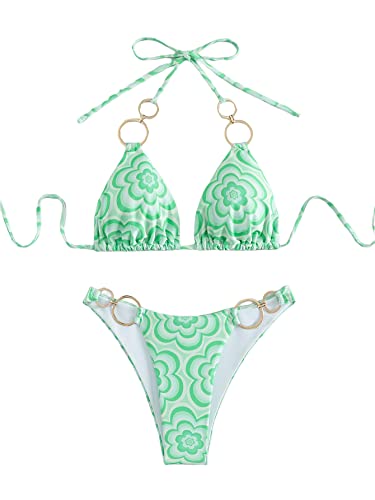 Bikini halter con anillo y eslabones beige: conjunto de baño floral verde claro ajustable