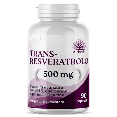 Trans Resveratrolo 500mg NAD 90 Capsule con Quercetina L-Leucina e Piperina - Trans Resveratrolo Sirtuine, Polifenoli, Antietà, Antiossidante Naturale