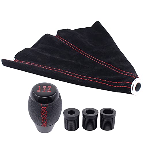Xtremeamazing 5 Speed Black Leather Gear Shift Knob And Suede Boot Red Stitch Shifter Lever Boot Knob Cover Combo Kit #TOP8