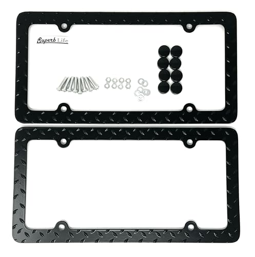 Universal Heavy Duty Metal Diamond Plate Plated License Plate Frame Cool Decorative Design License Plate Frame with Screws Caps, Set of 2 for Any Vehicle (Black)