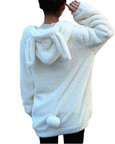 Winter Womens Fluffy Bear Tail Hoodies,Lovely Plush bunny Hoodies,fuzzy warm sweater,Zipper Jacket Coats,animal Sweatshirt (white bunny)