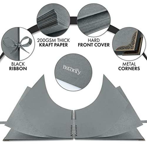 Bstorify 25.4 x 25.4 Cm Scrapbook Album 70 Pages Grey Thick Kraft Paper Corner Protectors, Ribbon Closure - Image 3