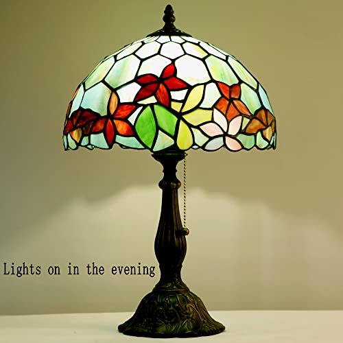 Zjart Tiffany Table Lamp 1-Light 19 Inch High Green Stained Glass Flower Style Reading Lamp Nightstand Bedside Desk Light Vintage Traditional Handmade Office Desk Lamp Pull Chain Switch Control #TOP1
