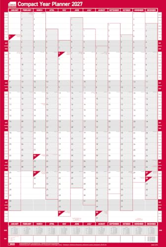 Image of Sasco 2027 Compact Year Wall Planner Portrait with wet wipe pen & pack of 388 stickers, Red, Poster Style, 405mmW x 610mmH