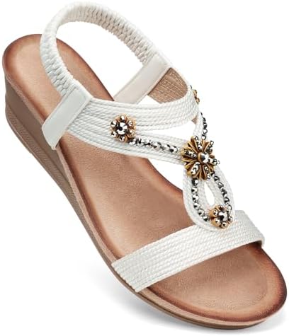 SHIBEVER Womens Wedge Sandals Flower Low Heel Dressy Sandals Elas...