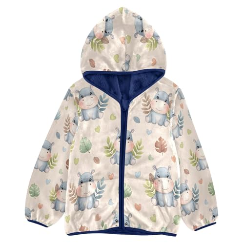 Cute Hippo Pattern with Leaves Toddler Fleece Jacket Girl Boys Hooded Fleece Jacket Coat Warm Outwear Zip-up 3-10T