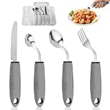 4 Stück Parkinson Besteck, 42° Winkel Cutlery Set Rechtshänder mit Aufbewahrungstasche Rutschfestem Griff, Adaptives Besteckset für Behinderte Menschen Parkinson Patienten Ältere Arthritis (Grau)