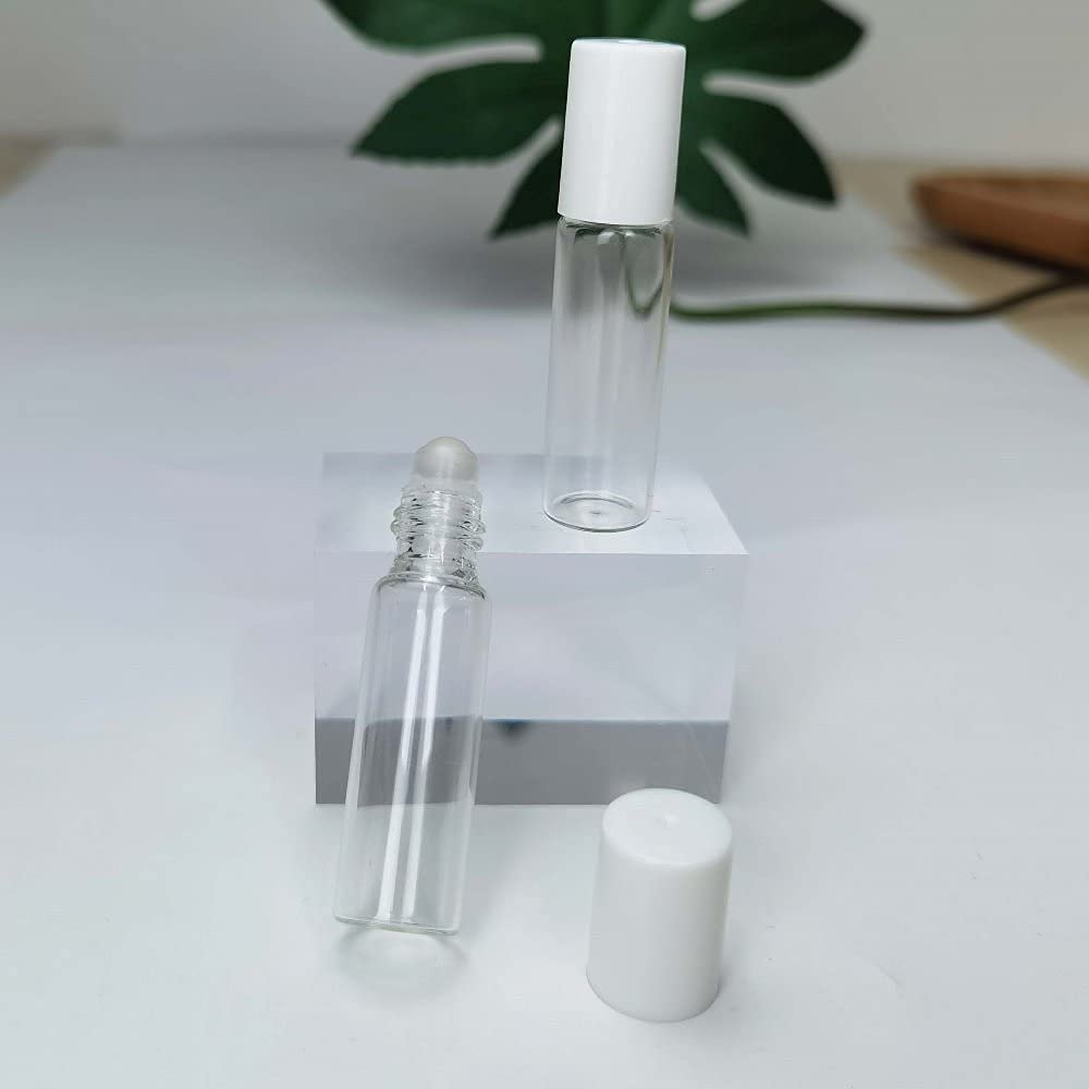 50 szt. butelek z białego szkła – 5 ml, idealne do olejów i podróży, zawiera pokrywki