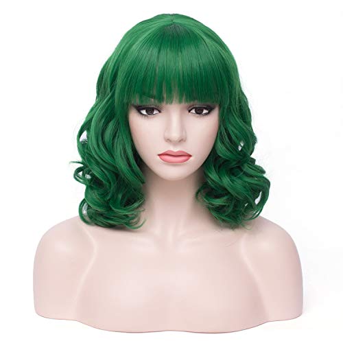BERON Colorful Women's Short Bob Curly Green Wig with Bangs for Women Halloween Cosplay Wig for Daily Use Synthetic Wigs (Fruit Green)