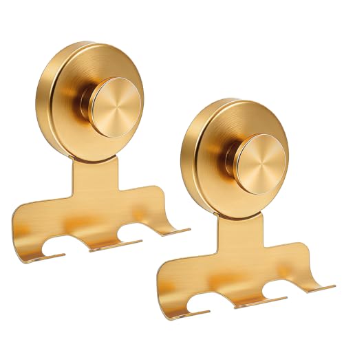 Fliverly Suction Cup Razor Holder Stainless Steel Wall Mount Hooks Heavy-Duty to 15 lbs No-Drill Shower Hooks for Razors Towels and Loofahs (Gold 2 Pack)