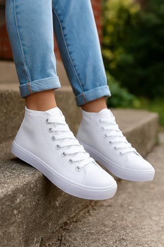 Image of Women's High-Top Canvas Sneakers - Classic Lace-Up Casual Shoes with Extra Shoelaces - Comfortable, Stylish, and Durable
