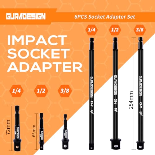 Image of GURADESIGN 6-Piece Impact Grade Power Drill Sockets Adapter Sets, 3-Inch & 10-Inch Power Drill Socket Driver Adaptor, 1 /4 inch, 3 /8 inch, 1 /2 inch Hex Shank Impact Driver Socket Adapter.