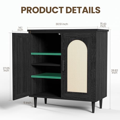 GarveeHome Sideboard Buffet Kitchen Storage Cabinet with Rattan, Solid Wood Feet for Living Room, Hallway, Entryway, Cabinet with Ample Storage Space (Black, 2 pcs)