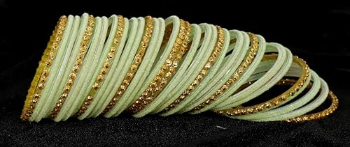 Image of NMII Premium Glass & Golden Beads Velvet Bangle Set For Women and Girls | Velvet Chudi | Traditional Chudi Set | Designer Girl's Bangles Bracelet | Wedding, Party, Festive, Daily- Set of 34