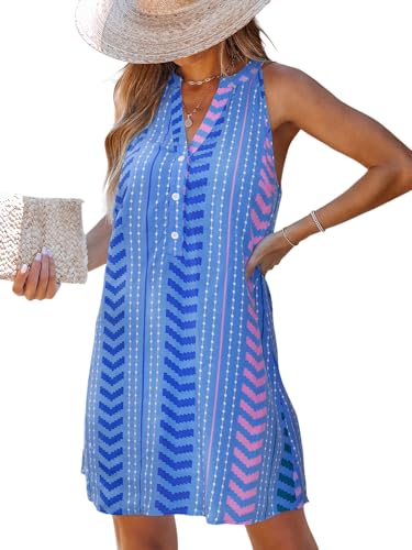 Image of CUPSHE Womens Summer Dresses V Neck Sleeveless Striped Button Up Mini Casual Coverup Dress